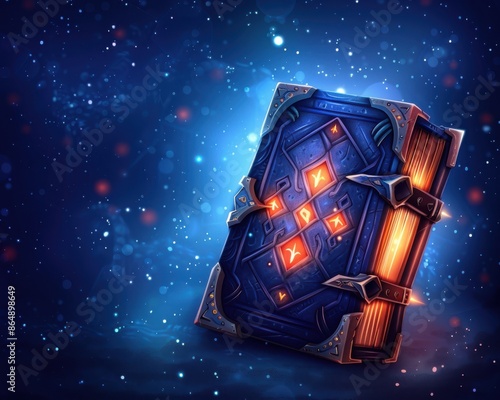 Magical glowing book with runes, floating in a starry cosmic background, representing mystery and fantasy. photo