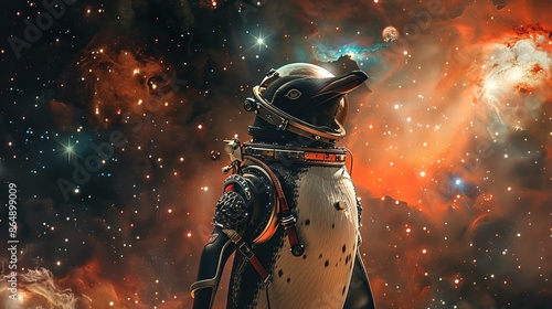 Cute penguin in space wearing spacesuit. Exploration concept, space glaxy background, full body photo