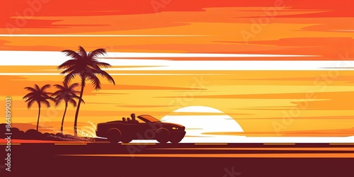 Stylized vector of a convertible car driving along a tropical beach at sunset with palm trees and vibrant, warm colors.