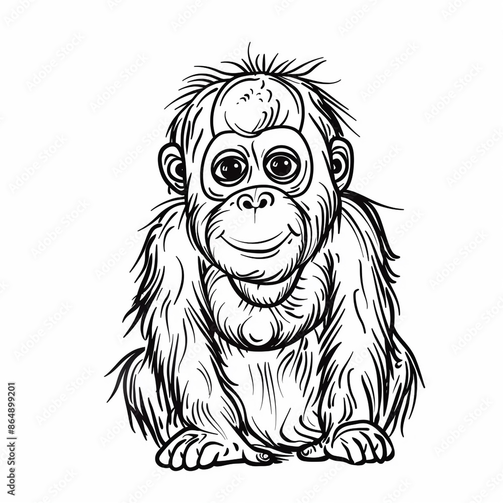Fototapeta premium Cartoon orangutan, outlined for coloring, on a white background.