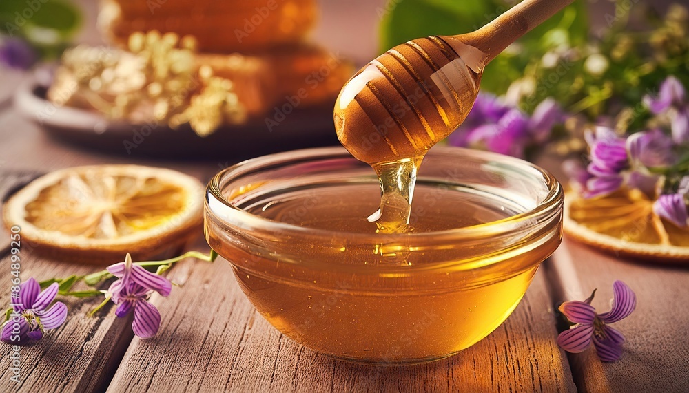 honey dripping from honey spoon in glass bowl honey dripping from honey spoon in glass bowl