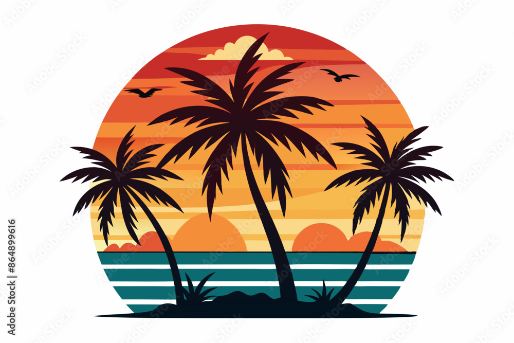 Fototapeta premium Tropical sunset with palm trees vector illustration, Retro and vintage summer vibes t-shirt design with palm tree
