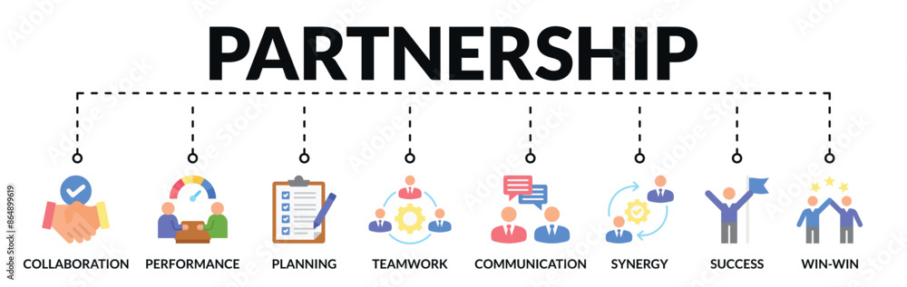 Banner of partnership web vector illustration concept with icons of collaboration, performance, planning, teamwork, communication, synergy, success, win-win
Banner of partnership web vector illustration concept with icons of collaboration, performance, planning, teamwork, communication, synergy, success, win-win