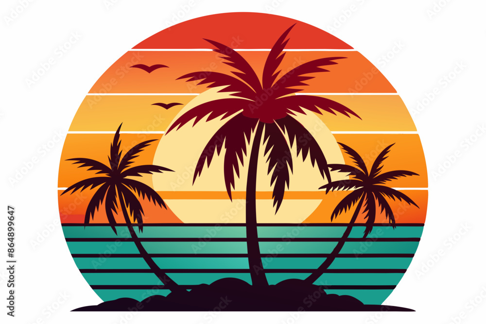 Obraz premium Tropical sunset with palm trees vector illustration, Retro and vintage summer vibes t-shirt design with palm tree 