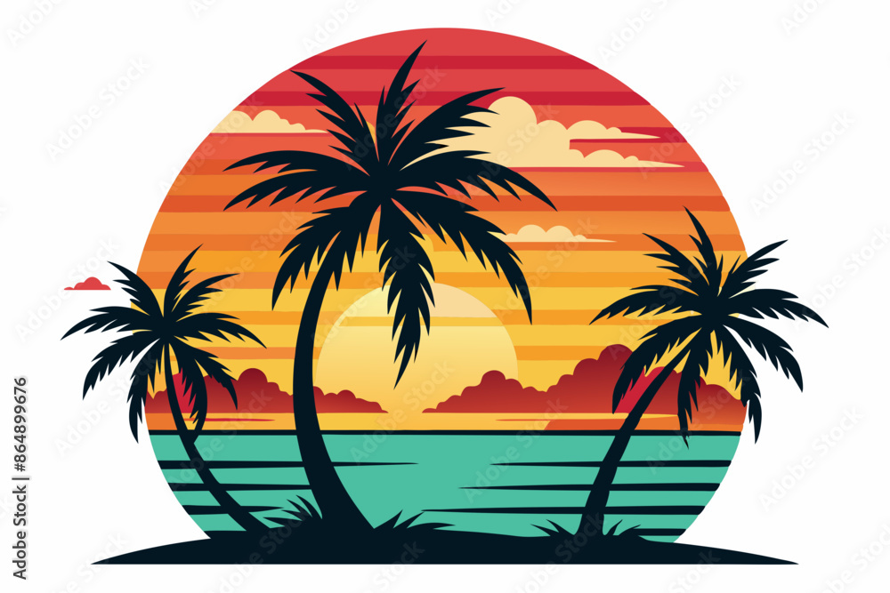 Tropical sunset with palm trees vector illustration, Retro and vintage summer vibes t-shirt design with palm tree
Tropical sunset with palm trees vector illustration, Retro and vintage summer vibes t-shirt design with palm tree