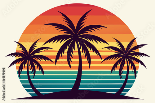 Wallpaper Mural Tropical sunset with palm trees vector illustration, Retro and vintage summer vibes t-shirt design with palm tree
 Torontodigital.ca