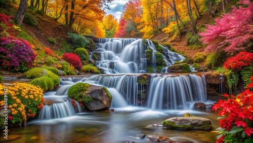 waterfall in autumn forest with colorful flowers. Autumn Wallpaper, Nature Wallpaper photo