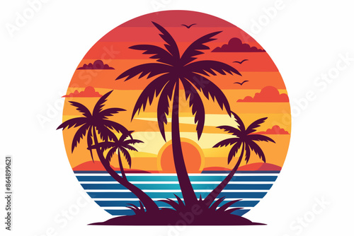 Wallpaper Mural Tropical sunset with palm trees vector illustration, Retro and vintage summer vibes t-shirt design with palm tree
 Torontodigital.ca