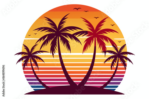 Wallpaper Mural Tropical sunset with palm trees vector illustration, Retro and vintage summer vibes t-shirt design with palm tree
 Torontodigital.ca