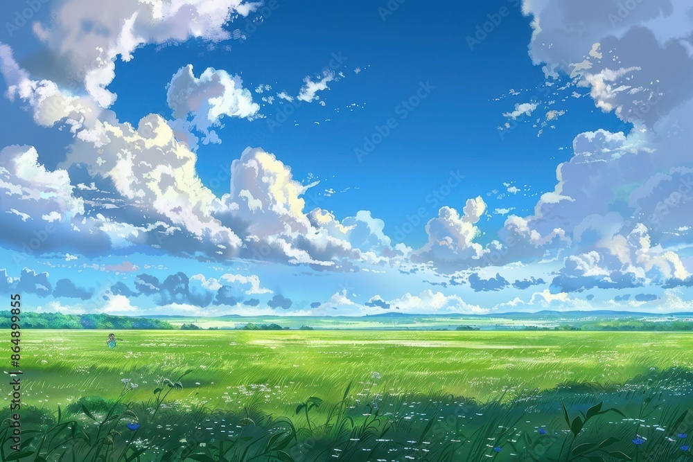Fototapeta premium Beautiful scenic landscape with green grass field, fluffy clouds in a blue sky, and a tiny silhouette of a person walking in the distance. Concept of freedom, peace, serenity, and nature.