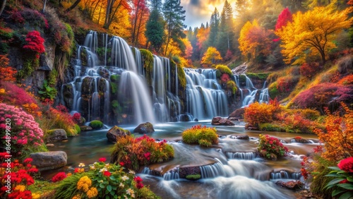 waterfall in autumn forest with colorful flowers. Autumn Wallpaper, Nature Wallpaper