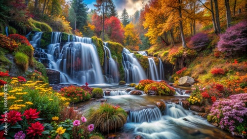waterfall in autumn forest with colorful flowers. Autumn Wallpaper, Nature Wallpaper
