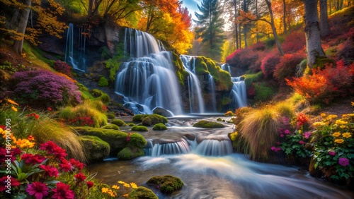 Fototapeta Naklejka Na Ścianę i Meble -  waterfall in autumn forest with colorful flowers. Autumn Wallpaper, Nature Wallpaper