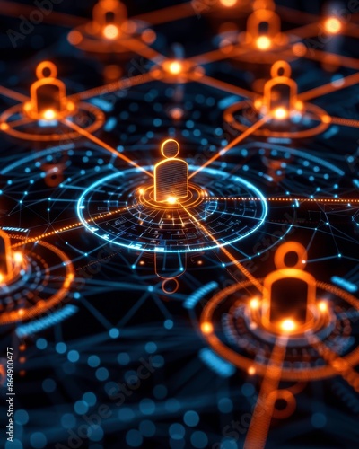 Futuristic digital network with interconnected glowing nodes symbolizing blockchain technology and secure online communication.