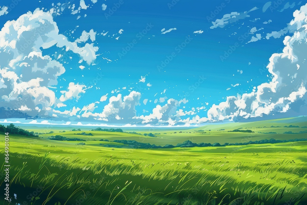 Obraz premium Beautiful landscape of a green field with a blue sky and white fluffy clouds. Scenic and natural scenery perfect for wallpaper, background, or print.
