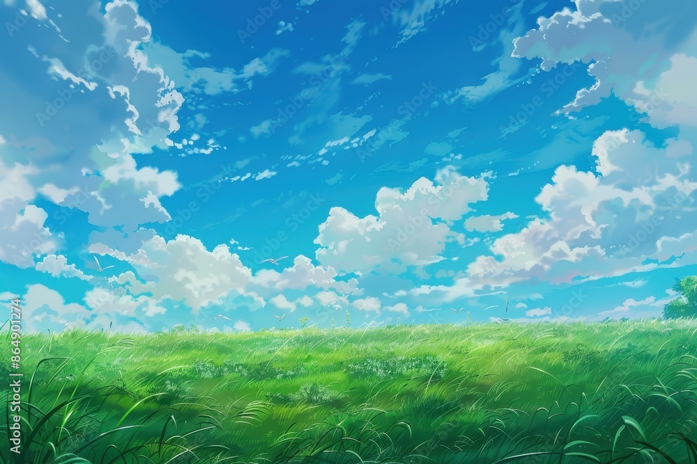 Wide shot of a lush green meadow under a bright blue sky with fluffy white clouds. Tranquil summer landscape for background or wallpaper. Nature photography. Wide shot of a lush green meadow under a bright blue sky with fluffy white clouds. Tranquil summer landscape for background or wallpaper. Nature photography.