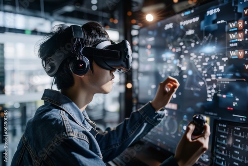 Man using VR headset in a futuristic control room, exploring advanced virtual reality and immersive digital technology, innovative simulation experience.