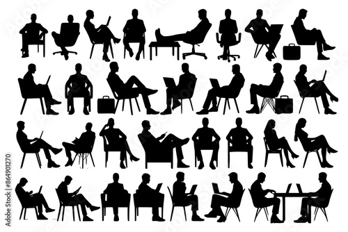 Silhouette of sitting people, large collection, sitting man and girl