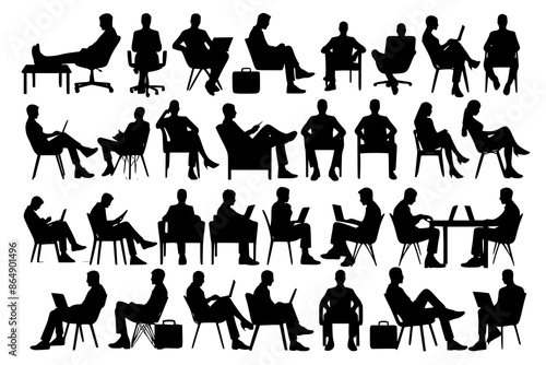 Silhouette of sitting people, large collection, sitting man and girl