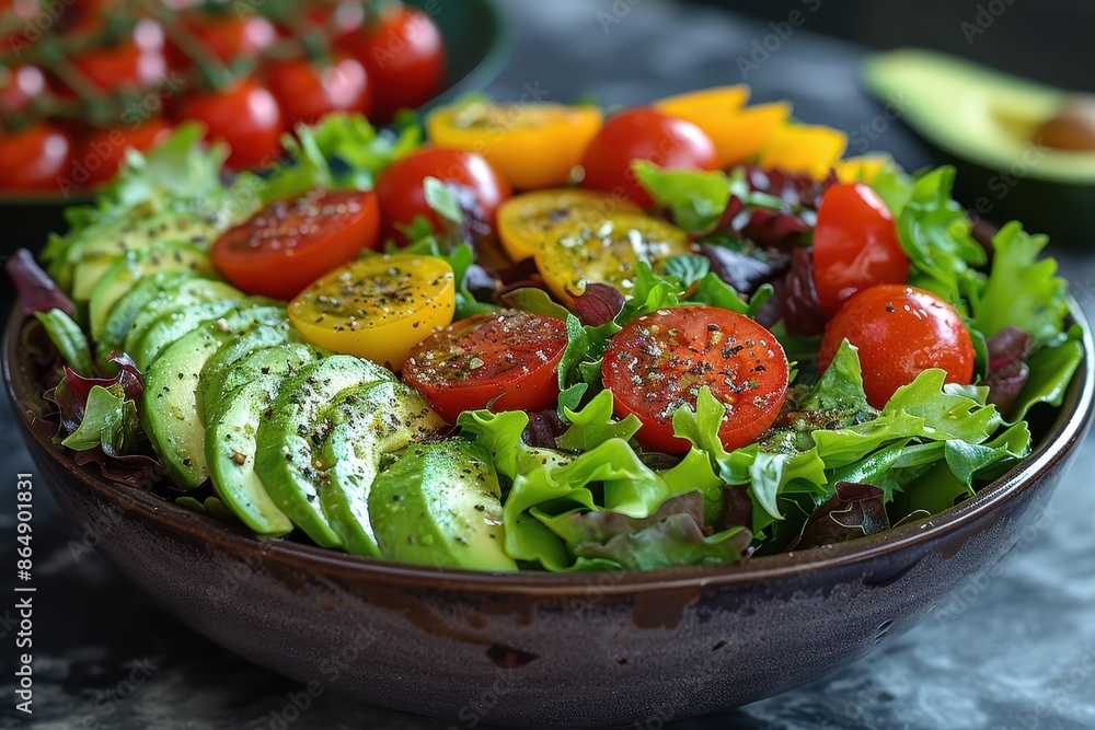 A refreshing salad with mixed greens, avocado slices, cherry tomatoes, and a light balsamic vinaigrette. A refreshing salad with mixed greens, avocado slices, cherry tomatoes, and a light balsamic vinaigrette.