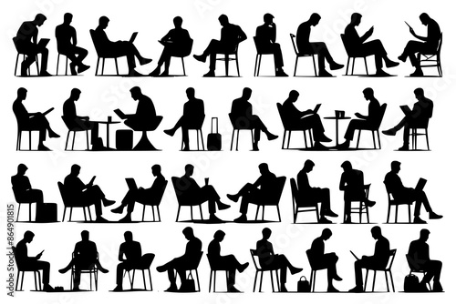 Silhouette of sitting people, large collection, sitting man and girl