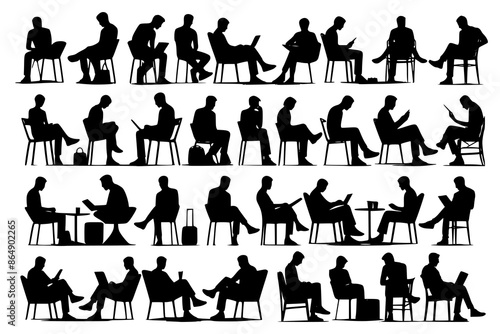Silhouette of sitting people, large collection, sitting man and girl