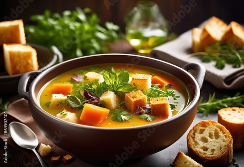 delicious gourmet soup garnished croutons fresh herbs fine dining experience, bowl, vegetable, broth, lunch, dinner, meal, restaurant, cooking, gastronomy