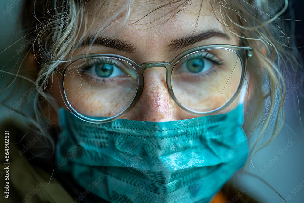 Closeup portrait of a woman in glasses and face mask with vibrant colors and intense gaze Closeup portrait of a woman in glasses and face mask with vibrant colors and intense gaze