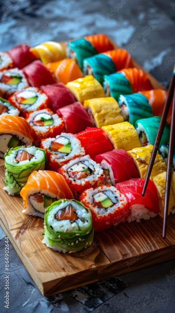A wooden cutting board with colorful sushi rolls on it. AI. A wooden cutting board with colorful sushi rolls on it. AI.