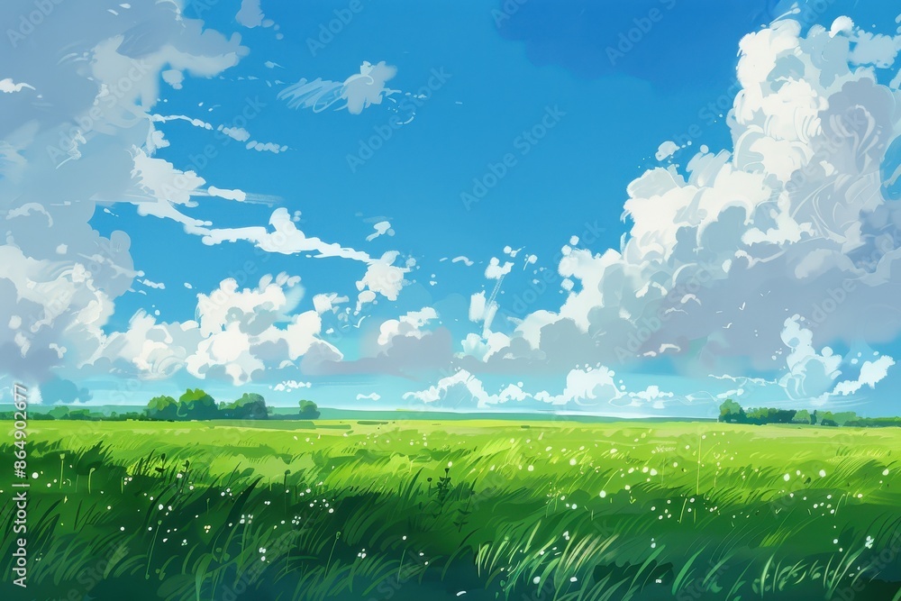 Fototapeta premium Beautiful green grassy field with a blue sky and fluffy white clouds. A scenic landscape in a digital painting style.