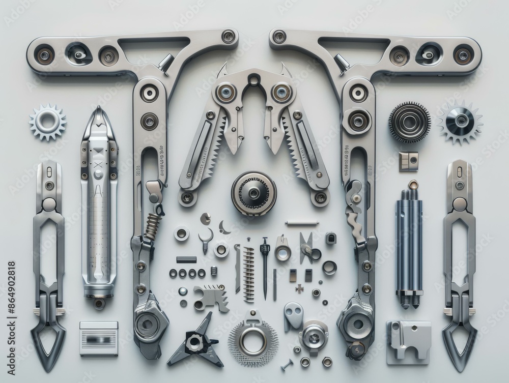 A bunch of different tools and parts are arranged on a white surface. AI. A bunch of different tools and parts are arranged on a white surface. AI.
