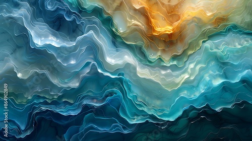 Abstract mural with ocean waves, stylized flowing waves in vibrant blues and greens, modern art style, 16:9 ratio. © TranNgoc