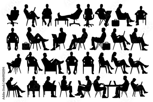 Silhouette of sitting people, large collection, sitting man and girl