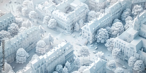 A 3d model of a city with trees and buildings. AI.