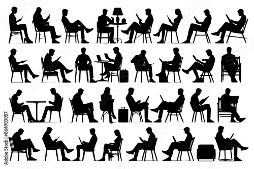 Silhouette of sitting people, large collection, sitting man and girl