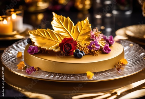 luxurious golden leaf adorned dessert, cake, pastry, pudding, mousse, tart, macaron, chocolate, fruit, shiny, decoration, ornate, glitzy, shimmering © Yaraslava