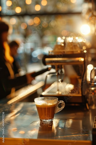 A cup of coffee on a counter next to an espresso machine. AI. © serg3d