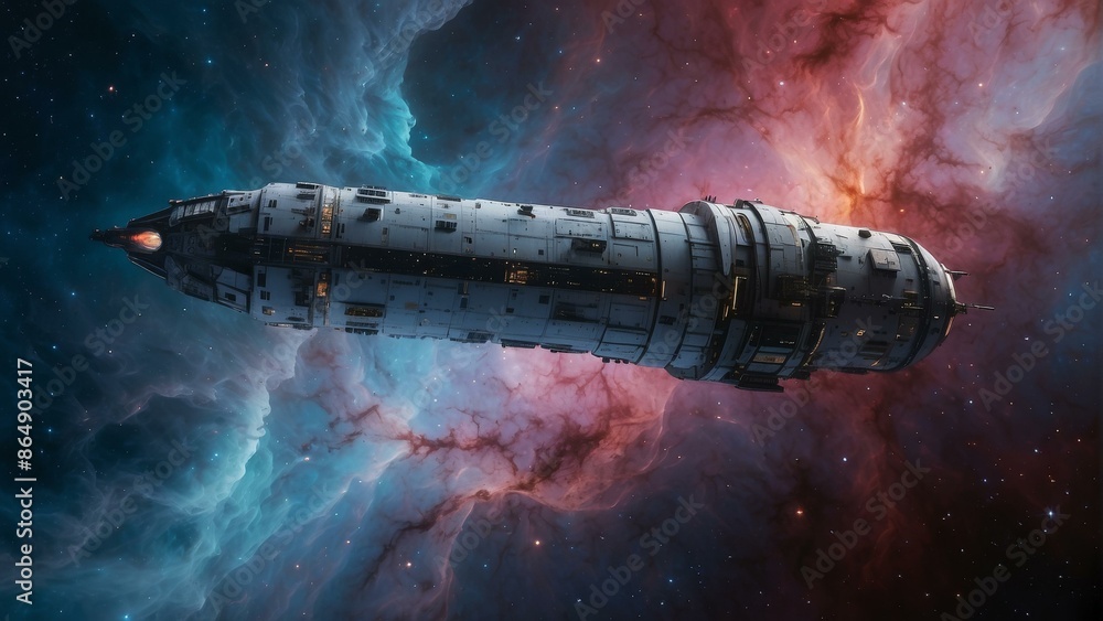 Fototapeta premium A spaceship is floating in space with a nebula behind it. AI.