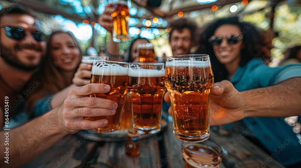 A group of friends toasts with beer glasses, enjoying cold, refreshing drinks at an outdoor gathering, capturing the essence of relaxation, camaraderie, and fun. A group of friends toasts with beer glasses, enjoying cold, refreshing drinks at an outdoor gathering, capturing the essence of relaxation, camaraderie, and fun.