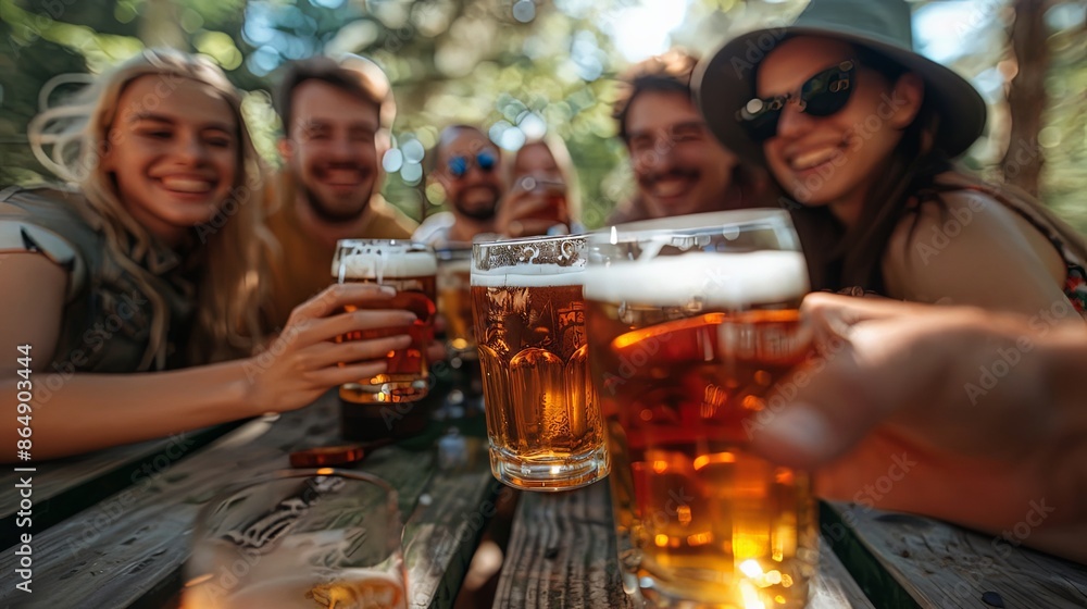 Smiling friends are outdoors, toasting with glasses of beer and enjoying the moment in a bright, open space with sunlight filtering through the trees, creating a joyful vibe. Smiling friends are outdoors, toasting with glasses of beer and enjoying the moment in a bright, open space with sunlight filtering through the trees, creating a joyful vibe.