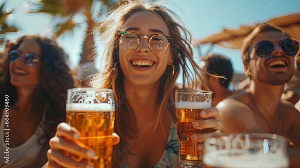 A happy woman with glasses holding two beer glasses, enjoying a sunny day with friends, showcasing a carefree and joyful atmosphere in an outdoor setting. A happy woman with glasses holding two beer glasses, enjoying a sunny day with friends, showcasing a carefree and joyful atmosphere in an outdoor setting.