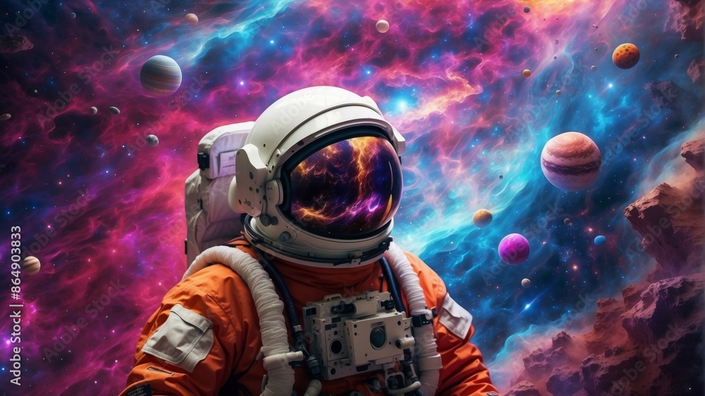 An astronaut in outer space with planets and stars surrounding him. AI. An astronaut in outer space with planets and stars surrounding him. AI.