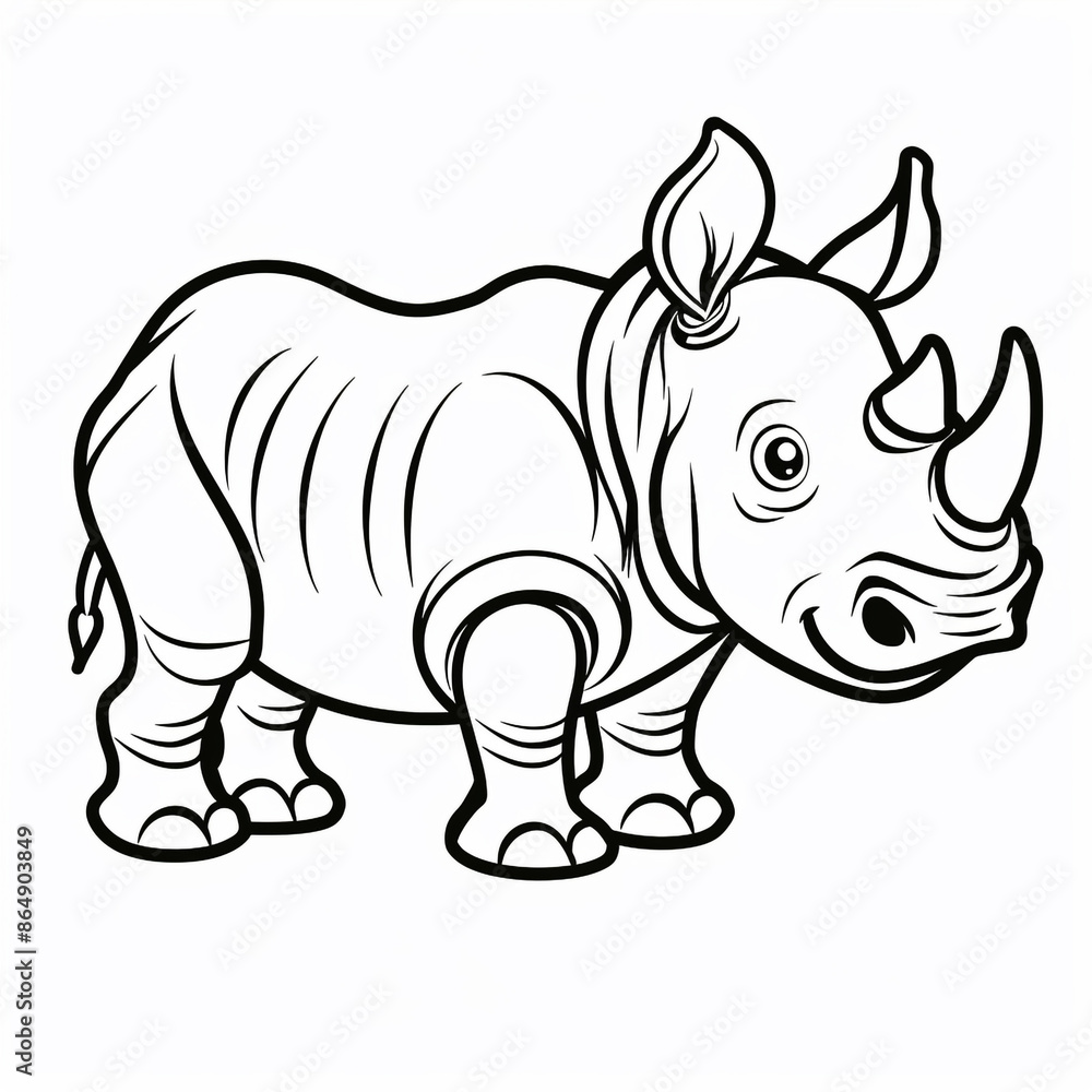 Fototapeta premium Cartoon rhinoceros, outlined for coloring, on a white background.