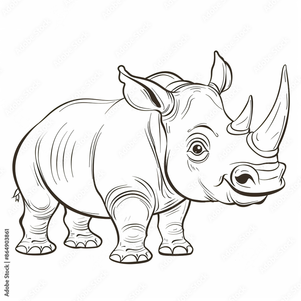 Fototapeta premium Cartoon rhinoceros, outlined for coloring, on a white background.