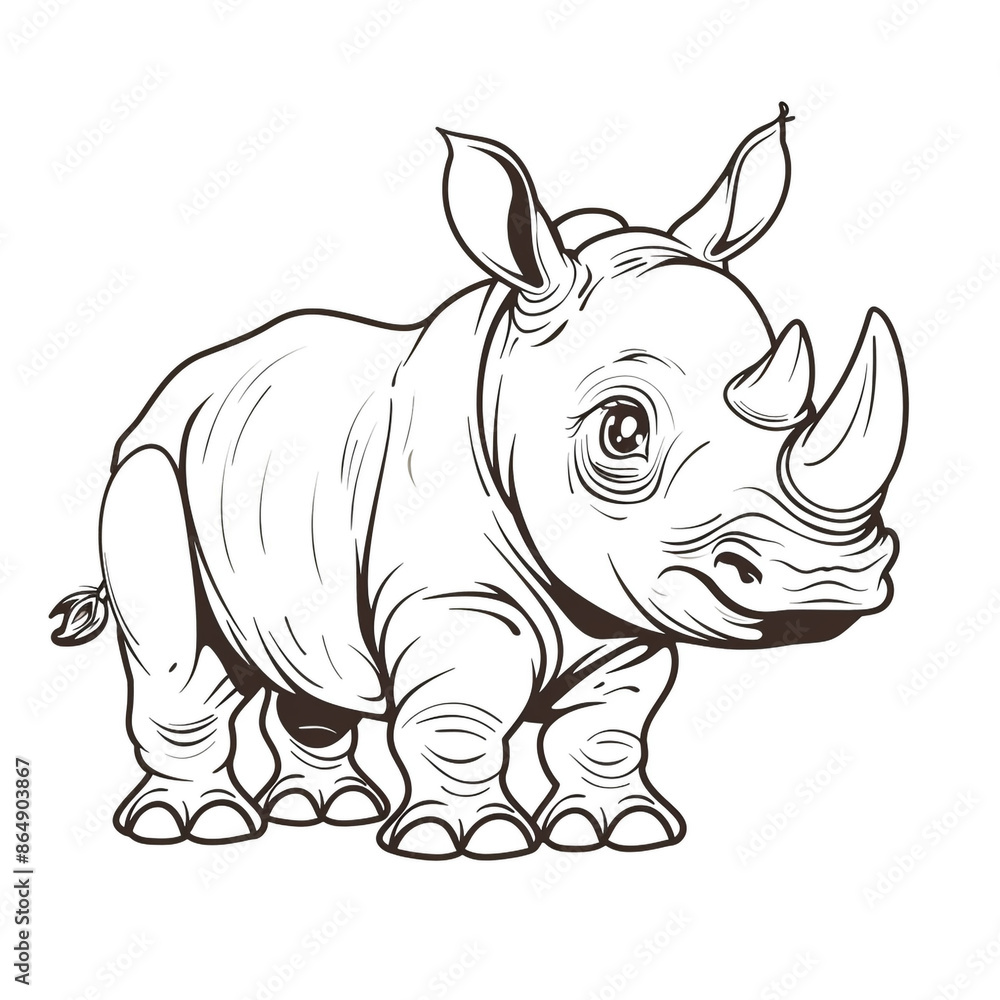 Fototapeta premium Cartoon rhinoceros, outlined for coloring, on a white background.