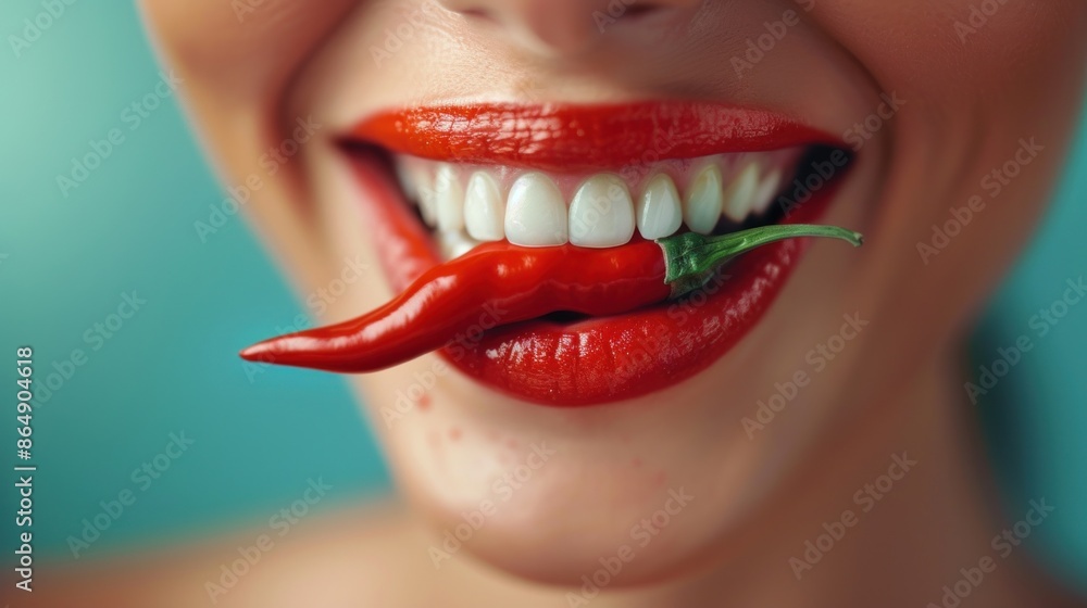 Fototapeta premium Close-up of a Smiling Woman Biting a Red Chili Pepper