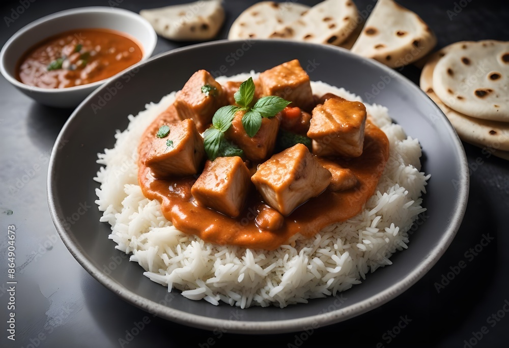Rice with baked meat and brown sauce on a plate, ready to be served in a restaurant Rice with baked meat and brown sauce on a plate, ready to be served in a restaurant