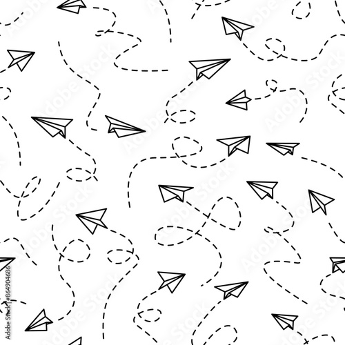 Paper airplane seamless pattern. flying Paper airplane with dotted track direction. Paper airplanes pattern background. paper Airplane with route line path.