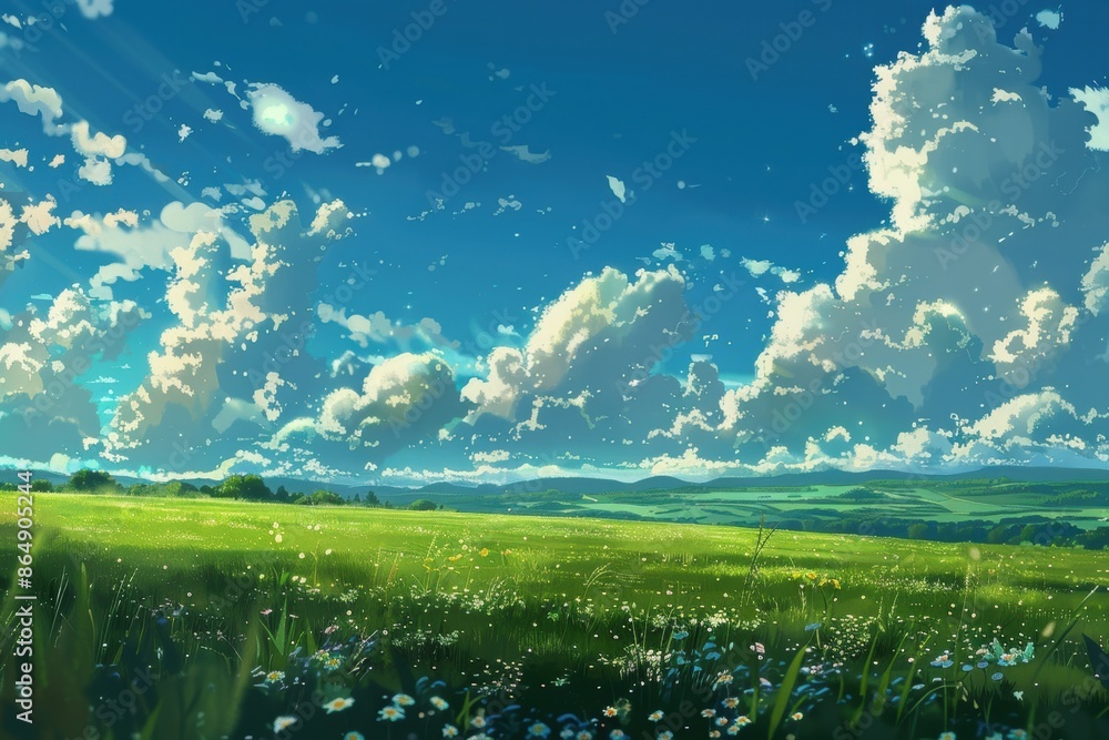 Fototapeta premium Grass Field landscape with blue sky and white cloud. Blue sky clouds sunny day wallpaper. Cartoon illustration of a Grass Field with blue sky in Summer. green field in a day.
