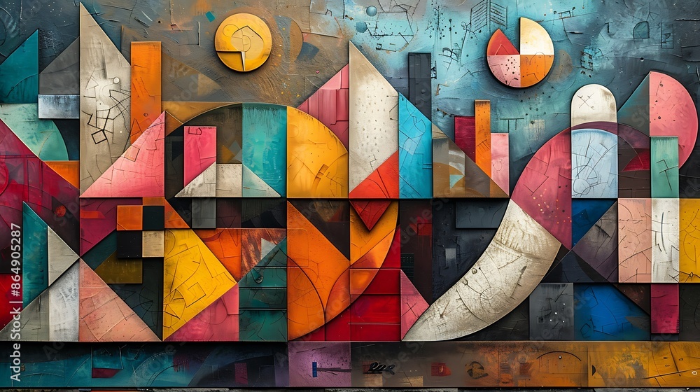 Fototapeta premium Modern art mural featuring an abstract cityscape, simplified shapes representing a bustling city, in a 16:9 ratio.